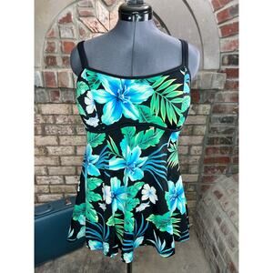 one piece swimsuit swimdress Vintage floral blue black green